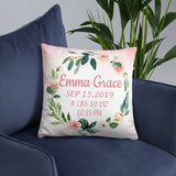 Girl Floral Birth Announcement Pillow Blush Pink Coral Flowers Watercolor Wreath Roses Personalized Baby Shower Gift Nursery Decor  P193