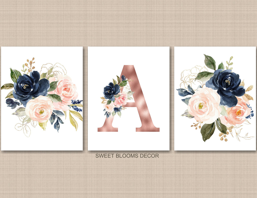 Floral Girl Nursery Wall Art Watercolor Pink Coral Blush Navy Blue Rose Gold Modern Flowers Baby Shower Gift Baby Room   823