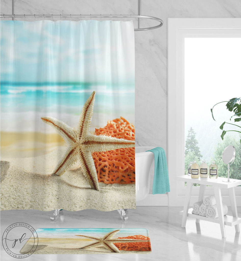Watercolor Sea Turtle Shower Curtain Tropical Ocean Starfish Shell Bathroom  Set