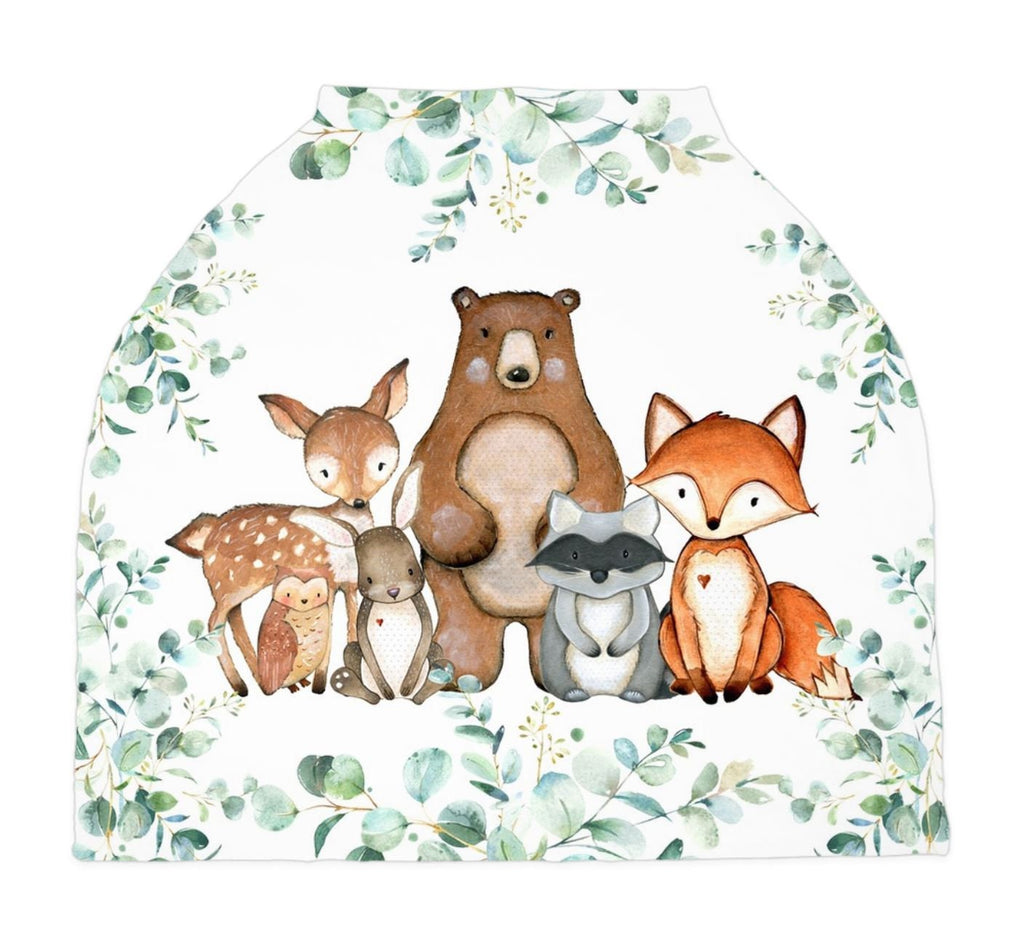 Woodland Animals Baby Car Seat Canopy Cover Eucalyptus Greenery Leaves Baby Shower Gift Shopping Cart Highchair Nursing Privacy Cover C105