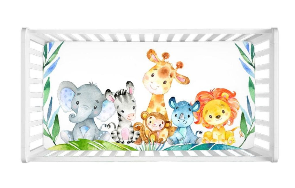 Jungle Safari Animals Crib Sheet, Greenery Leaves Newborn Baby Shower Gift Mattress Cover Elephant Giraffe Lion Monkey C107
