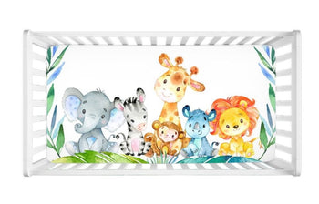 Jungle Safari Animals Crib Sheet, Greenery Leaves Newborn Baby Shower Gift Mattress Cover Elephant Giraffe Lion Monkey C107