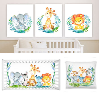 Jungle Safari Animals Tropical Leaves Baby Boy Girl Nursery Collection Gift Set:Crib Sheet,16x16 Throw Pillow,3(11x14) Unframed Wall Art