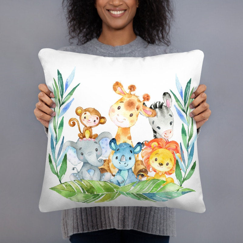 Jungle Safari Animals Tropical Leaves Baby Boy Girl Nursery Collection Gift Set:Crib Sheet,16x16 Throw Pillow,3(11x14) Unframed Wall Art