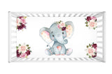 Elephant Blush Pink Burgundy Red Maroon Floral Girl Baby Shower Gift Set :Crib Sheet,16x16 Throw Pillow,3(11x14) Unframed Wall Art