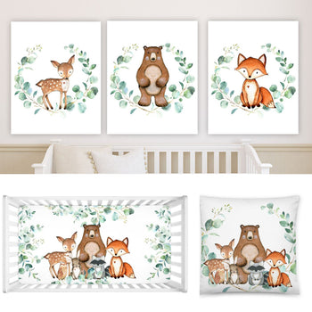 Woodland Animals Eucalyptus Greenery Leaves Baby Nursery Collection Baby Gift Set: Crib Sheet,16x16 Throw Pillow,3(11x14) Unframed Wall Art