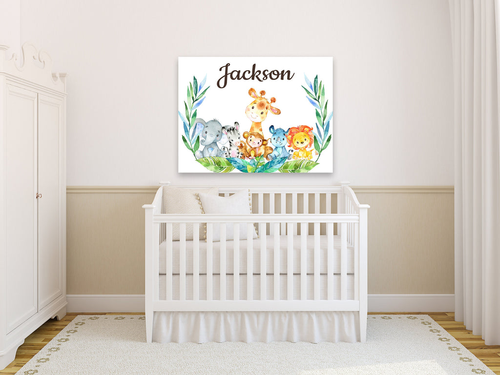 Jungle Safari Animals Nursery Name Sign Wall Art Tropical Leaves Baby Bedroom Decor Personalized Baby Shower Gift CANVAS C891