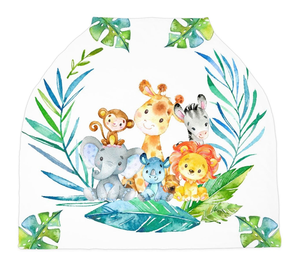 Jungle Safari Animals Baby Car Seat Canopy Cover Tropical Leaves Baby Shower Gift Shopping Cart Highchair Nursing Privacy Cover C106