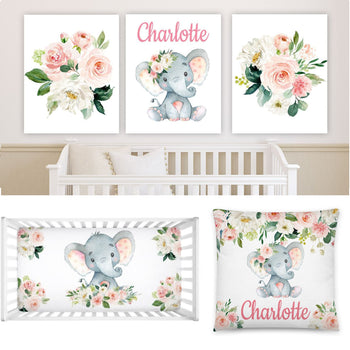 Elephant Blush Pink Watercolor Floral Baby Girl Nursery Decor Collection Gift Set:Crib Sheet,16x16 Throw Pillow,3(11x14) Unframed Wall Art