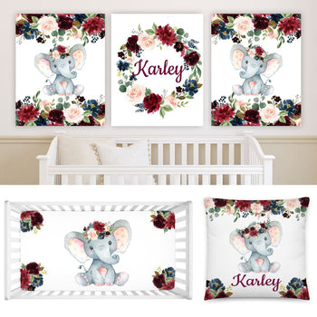 Elephant Floral Blush Pink Burgundy Red Navy Blue Maroon Gift Set :-Crib Sheet,16x16 Throw Pillow,3(11x14) Unframed Wall Art