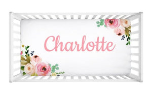Floral Crib Sheet Watercolor Coral Blush Pink Name Newborn Baby Girl Flowers Shower Gift Nursery Mattress Cover C111