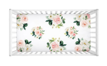 Floral Crib Sheet Watercolor Coral Blush Pink Newborn Baby Girl Flowers Shower Gift Nursery Mattress Cover C112