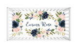 Floral Crib Sheet Watercolor Navy Blue Coral Blush Pink Newborn Baby Girl Name Flowers Shower Gift Nursery Mattress Cover C118