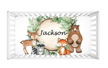 Woodland Animals Crib Sheet Greenery Leaves Newborn Baby Shower Gift Nursery Mattress Cover Forest Log Bear Fox Deer Raccoon C115