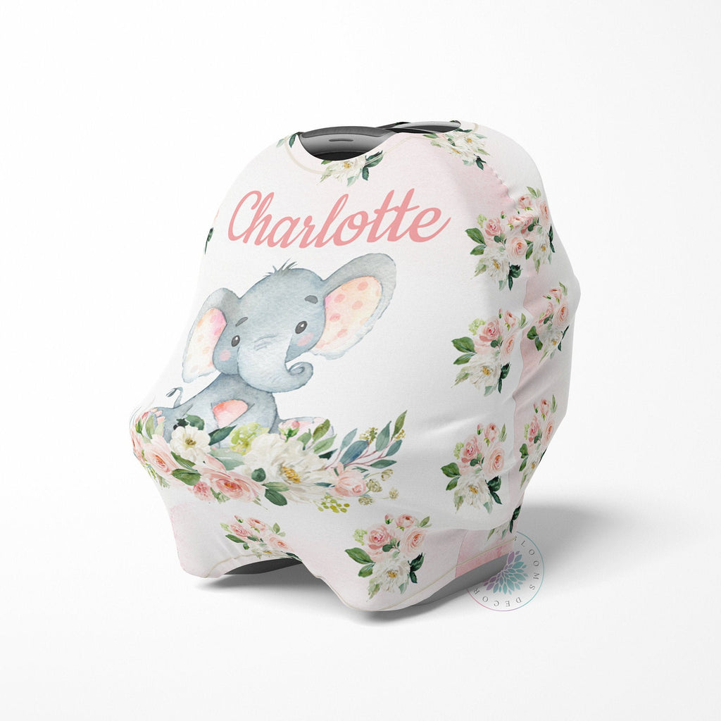 girly car seat and stroller Elephant Baby Car Seat Cover Canopy Blush Pink Floral Girl Name Baby S – Sweet Blooms Decor