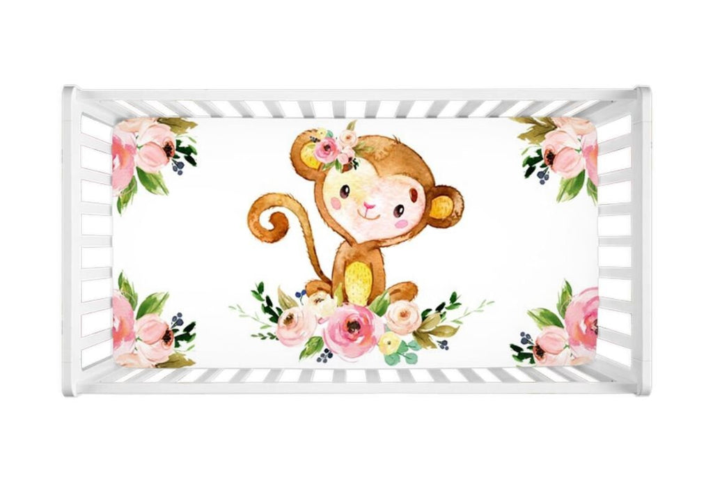 Monkey Baby Girl Crib Sheet Watercolor Coral Blush Pink Floral Newborn Baby Girl Flowers Shower Gift Nursery Mattress Cover C117