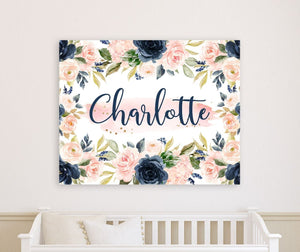 Navy Blush Pink Floral Girl Nursery Name Sign Wall Art Flowers  Bedroom Decor Monogram Personalized Baby Shower Gift CANVAS C903
