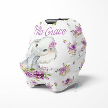 Elephant Baby Car Seat Canopy Cover Purple Lavender Lilac Flowers Girl Baby Shower Gift Shopping Cart Highchair Nursing Privacy Cover C112