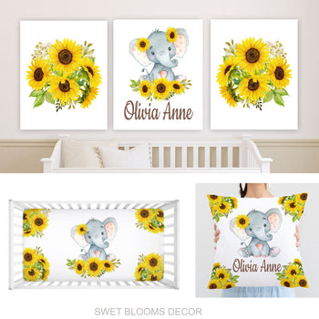 Sunflower Elephant Baby Girl Nursery Decor Collection Baby Shower Gift Set: Crib Sheet,16x16 Throw Pillow,3(11x14) Unframed Wall Art