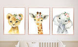 Safari Jungle Animals Blush Pink Floral Girl Nursery Decor Baby Shower Gift Set :Crib Sheet,16x16 Throw Pillow,3(11x14) Unframed Wall Art