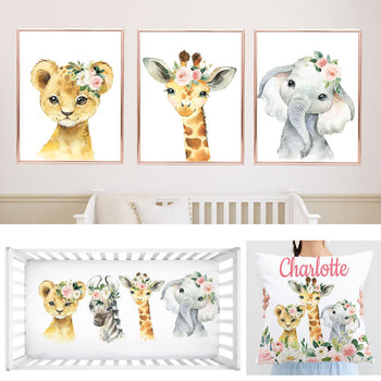 Safari Jungle Animals Blush Pink Floral Girl Nursery Decor Baby Shower Gift Set :Crib Sheet,16x16 Throw Pillow,3(11x14) Unframed Wall Art