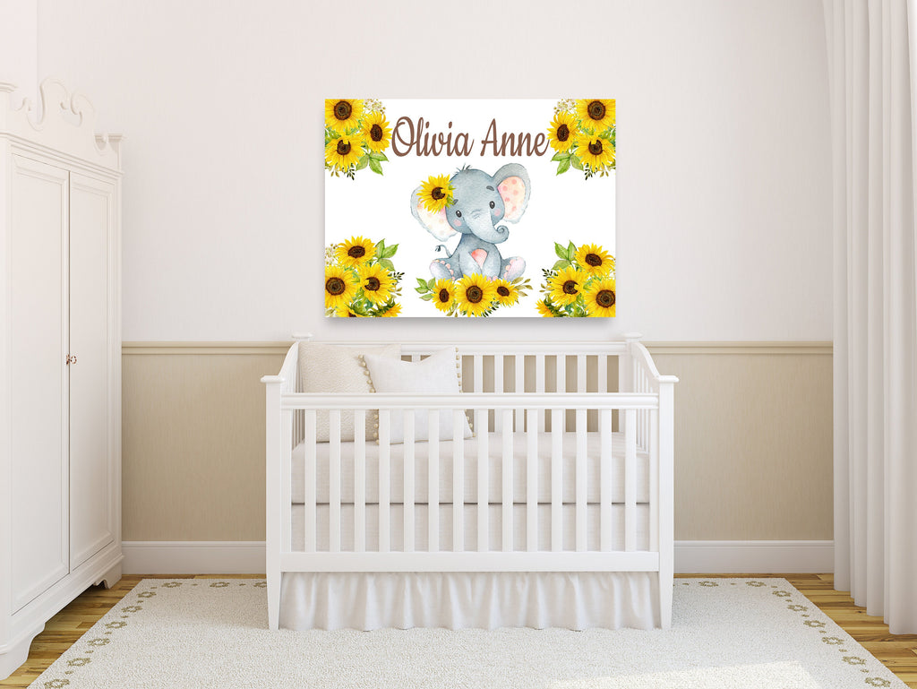 Sunflower Elephant Nursery Name Sign Wall Art  Baby Girl Bedroom Decor Personalized Baby Shower Gift Over The Crib Sign CANVAS C936