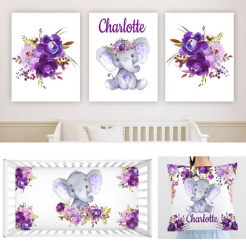 Elephant Purple Watercolor Floral Baby Girl Nursery Decor Collection -Crib Sheet,16x16 Throw Pillow,3(11x14) Unframed Wall Art