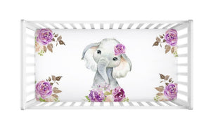 Elephant Baby Girl Crib Sheet Watercolor Purple Lavender Lilac Flowers Newborn Baby Shower Gift Nursery  Mattress Cover C121