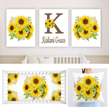 Sunflowers Baby Girl Nursery Decor Collection Baby Shower Gift Set:Crib Sheet,16x16 Throw Pillow,3(11x14) Unframed Wall Art