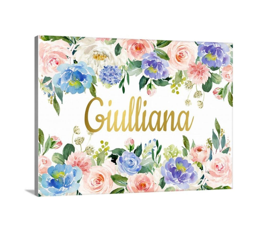 Floral Girl Nursery Name Sign Wall Art Blush Pink Purple Blue Watercolor Flowers  Bedroom Decor Personalized Baby Shower Gift CANVAS C942