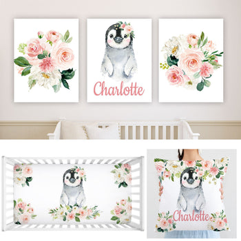 Penguins Blush Pink Coral Floral Girl Baby Shower Gift Set Nursery Decor :Crib Sheet,16x16 Throw Pillow,3(11x14) Unframed Wall Art