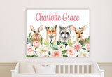 Woodland Animals Floral Nursery Name Sign Wall Art Blush Pink Coral Flowers Baby Bedroom Decor Personalized Baby Shower Gift CANVAS C946