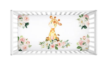 Giraffe Baby Girl Crib Sheet Watercolor Coral Blush Pink Floral Newborn Baby Girl Flowers Shower Gift Nursery Crib Mattress Cover C130