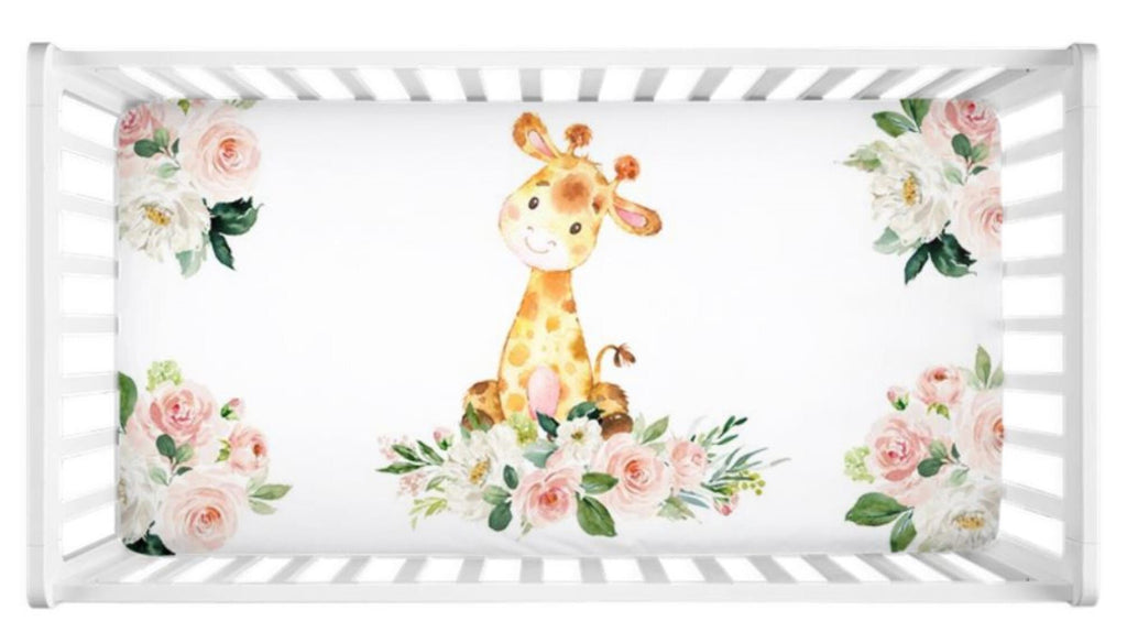 Giraffe Blush Pink Watercolor Floral Girl Nursery Decor Baby Shower Gift Set: Crib Sheet,16x16 Throw Pillow,3(11x14) Unframed Wall Art