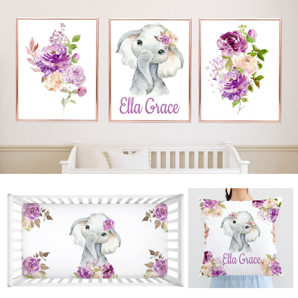Elephant Purple Lavender Lilac Floral Baby Girl Nursery Collection Baby Shower Gift:Crib Sheet,16x16 Throw Pillow,3(11x14) Unframed Wall Art