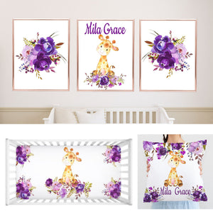 Giraffe Purple Watercolor Floral Girl Nursery Decor Baby Shower Gift Set: Crib Sheet,16x16 Throw Pillow,3(11x14) Unframed Wall Art