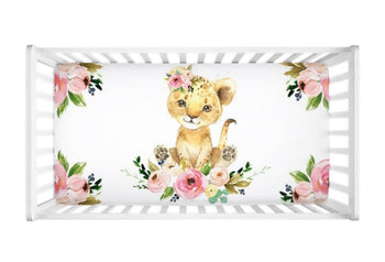 Lion Baby Girl Crib Sheet Watercolor Coral Blush Pink Floral Newborn Baby Girl Flowers Shower Gift Nursery Crib Mattress Cover C126