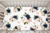 Floral Crib Sheet Navy Blush Pink Coral Watercolor Flowers Newborn Baby Shower Gift Nursery Crib Mattress Cover