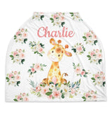 Giraffe Baby Car Seat Cover Canopy Blush Pink Floral Girl Name Baby Shower Gift Shopping Cart Highchair Nursing Privacy Carseat Cover C114