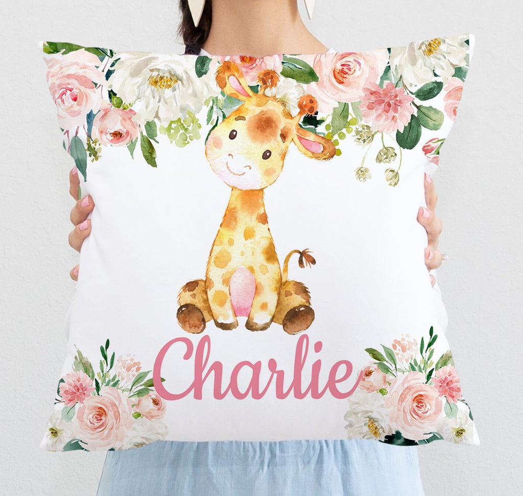 Giraffe Blush Pink Watercolor Floral Girl Nursery Decor Baby Shower Gift Set: Crib Sheet,16x16 Throw Pillow,3(11x14) Unframed Wall Art