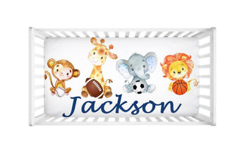 Safari Animals Sports Crib Sheet Jungle Sports Balls Baby Shower Gift Nursery Crib Mattress Cover Lion Monkey Elephant Giraffe C129