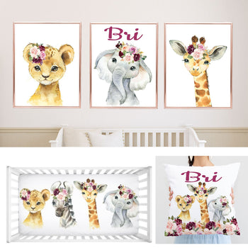 Safari Animals Burgundy Pink Floral Girl Baby Shower Gift Set, Nursery Collection Crib Sheet,16x16 Throw Pillow,3(11x14) Unframed Wall Art