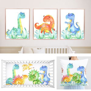 Dinosaur Boy Nursery Decor Collection Set Dinosaur Baby Shower Gifts: Crib Sheet,16x16 Throw Pillow,3(11x14) Unframed Wall Art