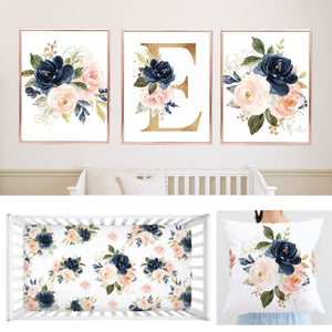 Blush Pink Navy Blue Watercolor Floral Nursery Decor Girl Baby Shower Gift Set :Crib Sheet,16x16 Throw Pillow,3(11x14) Unframed Wall Art