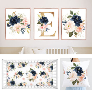 Blush Pink Navy Blue Watercolor Floral Nursery Decor Girl Baby Shower Gift Set :Crib Sheet,16x16 Throw Pillow,3(11x14) Unframed Wall Art