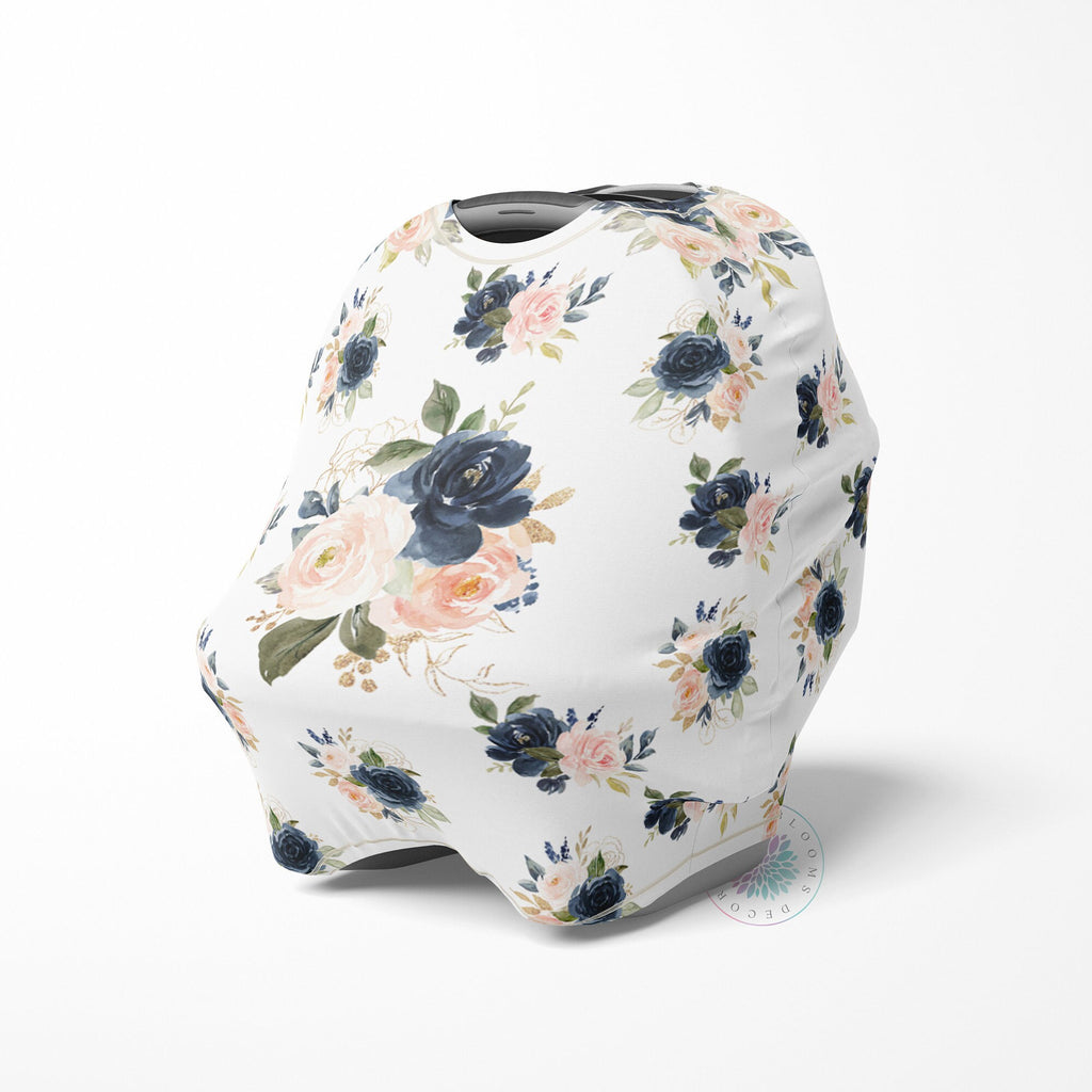 Navy Blush Pink Floral Baby Car Seat Cover Canopy  Flowers Girl Baby Shower Gift Shopping Cart Highchair Nursing Privacy Carseat Cover C117