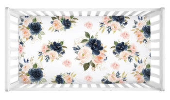 Navy Blush Pink Floral Crib Sheet, Watercolor Flowers Newborn Baby Shower Gift Nursery Crib Mattress Cover 127