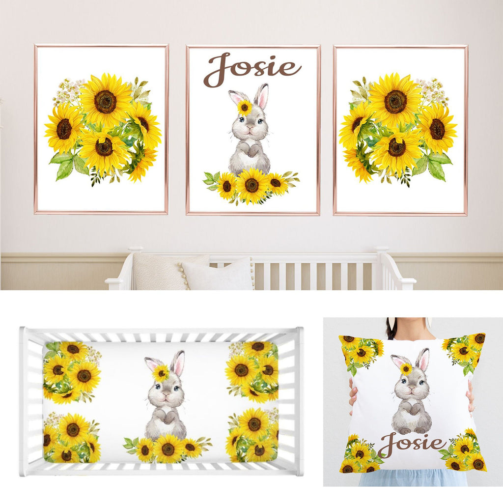 Sunflower Bunny Girl Nursery Decor Baby Shower Gift Set :Crib Sheet,16x16 Throw Pillow,3(11x14) Unframed Wall Art