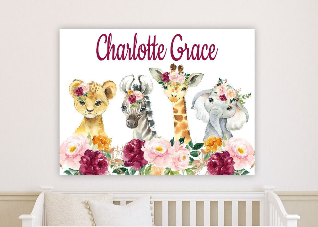 Safari Animals Floral Nursery Name Sign Wall Art Blush Pink Burgundy Red Orange Flowers Baby Bedroom Personalized Shower Gift CANVAS C968