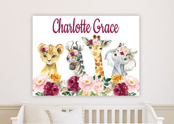 Safari Animals Floral Nursery Name Sign Wall Art Blush Pink Burgundy Red Orange Flowers Baby Bedroom Personalized Shower Gift CANVAS C968